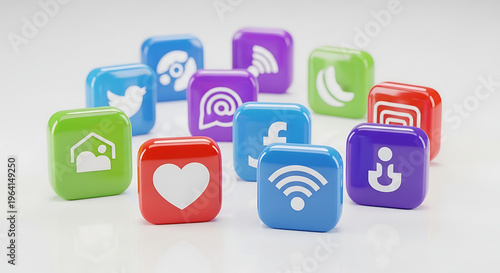A vibrant collection of 3D social media and digital communication icons arranged on a clean white surface, representing connectivity and online interaction.