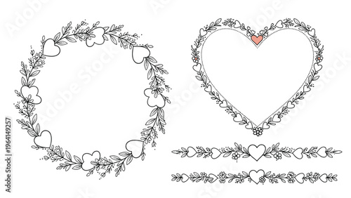Elegant floral wreaths and heart frames with delicate line art for wedding stationery and romantic cards and invitations decoration.