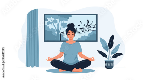 Calm woman meditating in lotus pose at home with relaxing music and nature background on screen for zen and mental wellness habits.