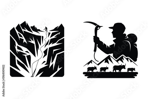 Mountaineer climbing steep mountain, climber with ice axe and herd