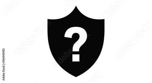A stark black shield prominently displays a white question mark creating a visual representation of uncertainty and security high quality professional