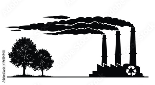 A stark black and white illustration depicts factory smokestacks emitting pollution contrasted with nearby trees high quality professional detailed modern elegant