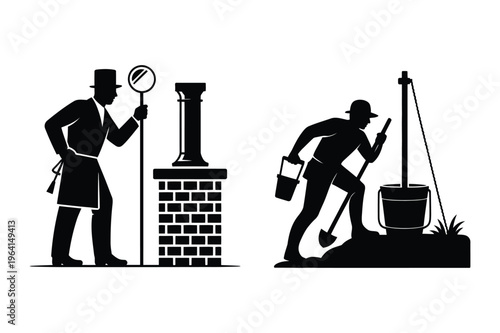 Man with measuring tool at column, worker digging with pulley system