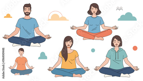 Diverse group of people sitting in lotus pose and practicing meditation to achieve mindfulness and mental wellness indoors.