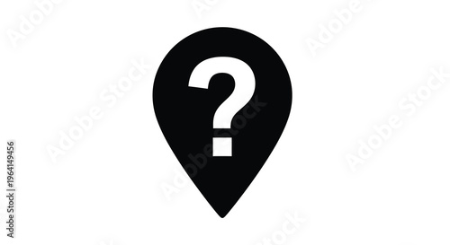 A simple black icon depicting a location pin with a white question mark inside symbolizing uncertainty high quality professional detailed modern
