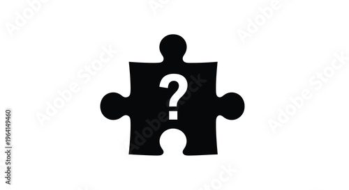 A black silhouette of a jigsaw puzzle piece contains a white question mark suggesting uncertainty or a missing element high quality