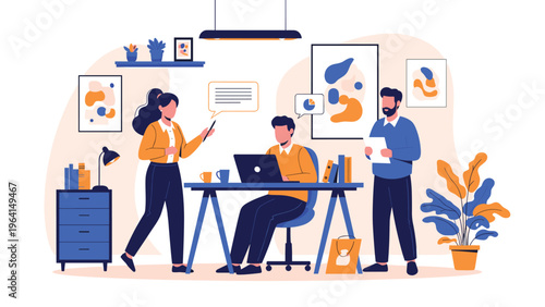 Team of professionals collaborating in a modern office setting with computers and creative decor for business productivity.