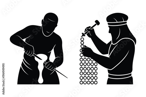 Ancient craftsmen at work vector silhouette