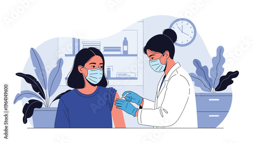 Female healthcare professional wearing a mask and gloves administers a vaccine to a patient in a sterile medical clinic environment.