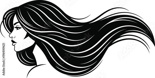 Beautiful woman with long flowing hair profile vector illustration, elegant female silhouette for beauty salon, hair care, and fashion design.