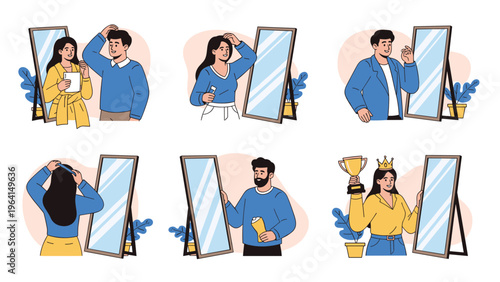 Set of characters performing various self-care and grooming routines like brushing teeth and styling hair in front of mirrors.