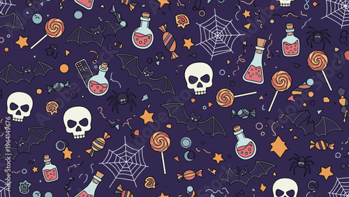 Seamless Halloween pattern featuring hand-drawn skulls, bats, spiders, potions, and candies on a dark purple background for festive decor.