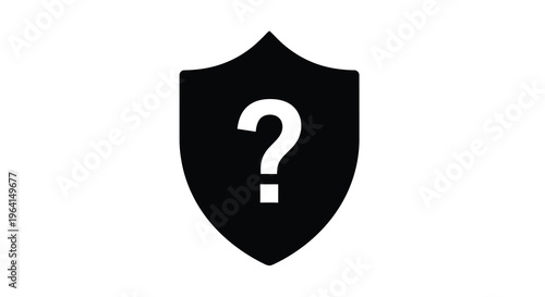 A stark black shield icon features a prominent white question mark centered within its shape suggesting security concerns high quality professional