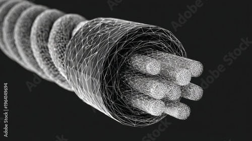 Electrical cable with exposed cleared wire in low poly wireframe mesh vector illustration, futuristic digital technology concept showing electrical wiring structure, abstract polygonal network design 