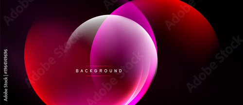 Abstract design features overlapping circles. Vibrant pinks, reds create dynamic visual effect. Dark background emphasizes glowing shapes.