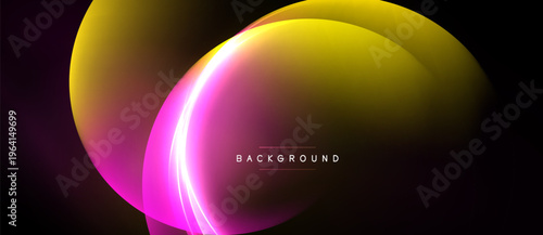 Abstract design features layered, glowing shapes. Yellow, orange, pink hues blend into dark background. Modern, dynamic visual.