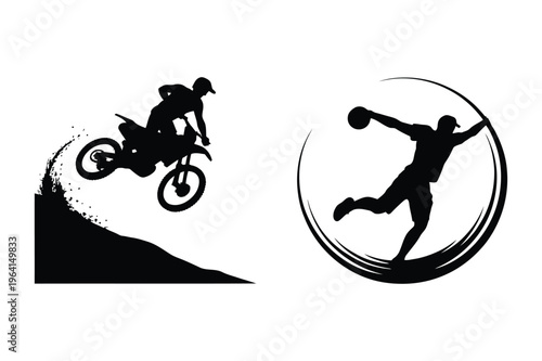 Motocross rider jumping and basketball player dunking silhouette