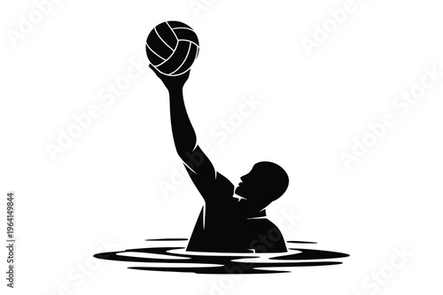Water polo player silhouette with ball in water with white background