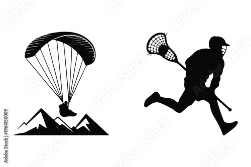 Parachutist over mountains and lacrosse player illustration with black and white