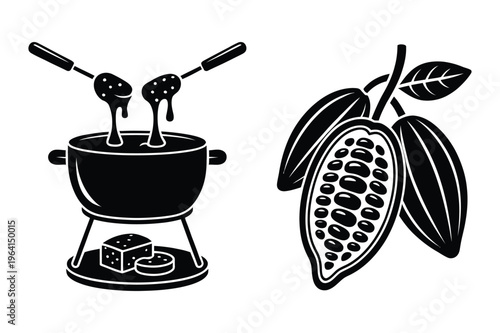 Cheese fondue pot and cocoa pod vector illustration with black and white