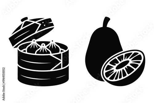 Dim sum and avocado fruit illustration vector icons