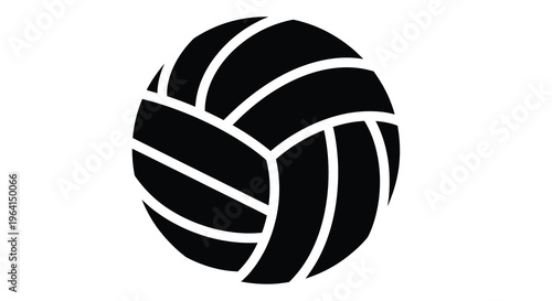 A simple graphic illustration depicts a black and white volleyball with clearly defined panels and curved lines high quality professional detailed