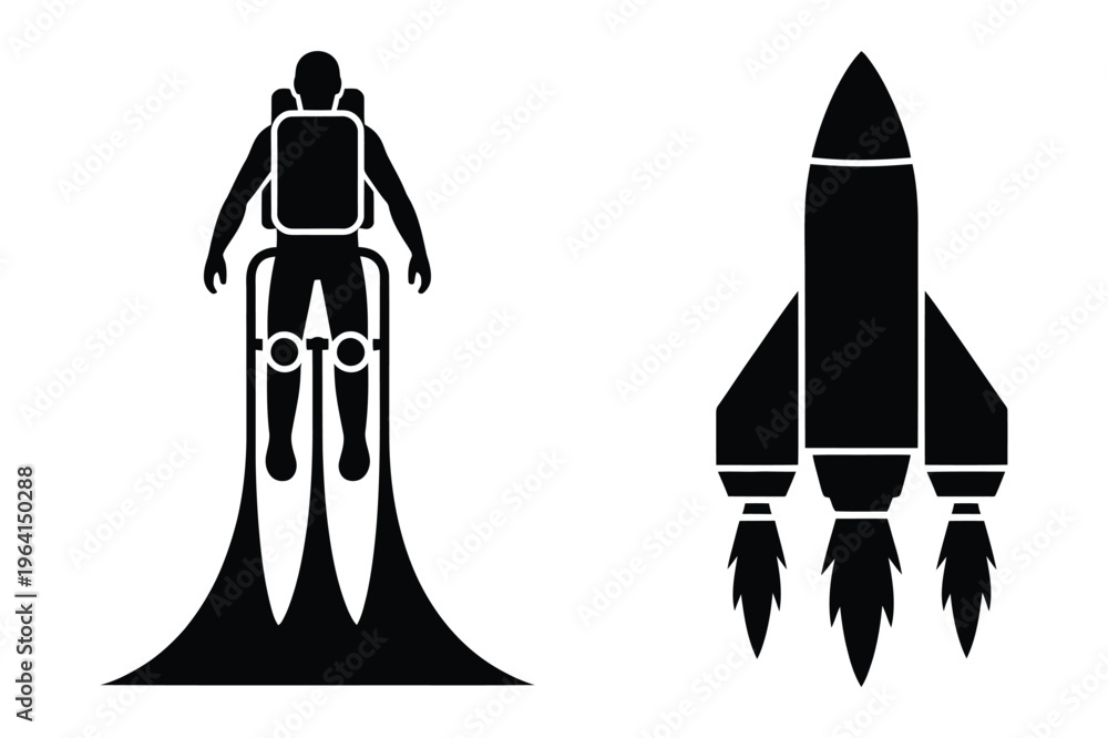 Fototapeta premium Jetpack man flying and rocket ship silhouette vector