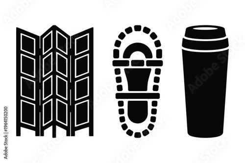 Black and white silhouette icons: room divider, snowshoe, and water bottle