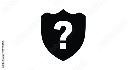 A stark black shield icon prominently displays a large white question mark suggesting security concerns or unknown status high quality professional