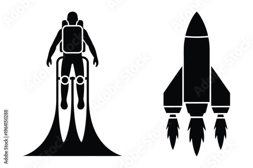 Jetpack man flying and rocket ship silhouette vector