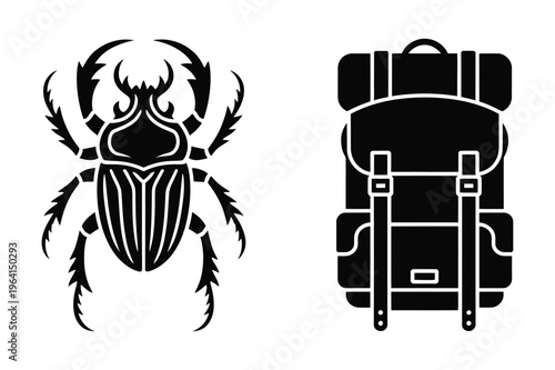 Scarab beetle silhouette and backpack icon vector illustration