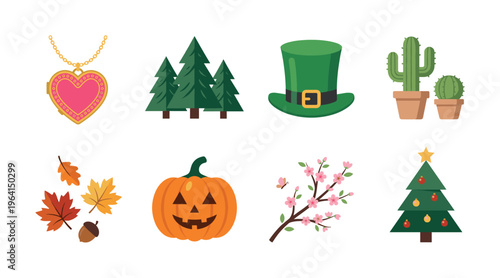 A colorful vector icon set for every season and holiday. Includes symbols for Christmas, Halloween, spring, autumn, love, and nature. Perfect for web, print, and design projects.