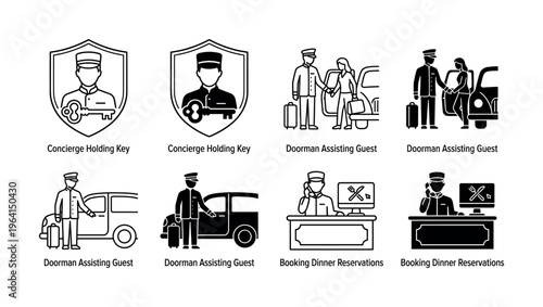 A set of hotel service icons in line and glyph styles. Includes concierge, doorman, and booking reservations. Perfect for hospitality, travel websites, and app interfaces.