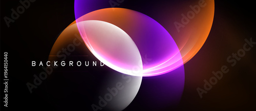 Abstract design features overlapping luminous circles. Orange, purple, white hues create dynamic visual effect. Dark background emphasizes shapes.
