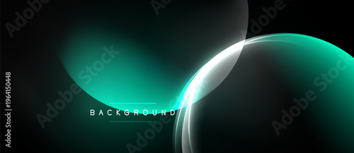 Abstract design features flowing shapes, teal hues, bright lines. Minimalist composition creates modern visual impact. Dark background enhances luminosity.