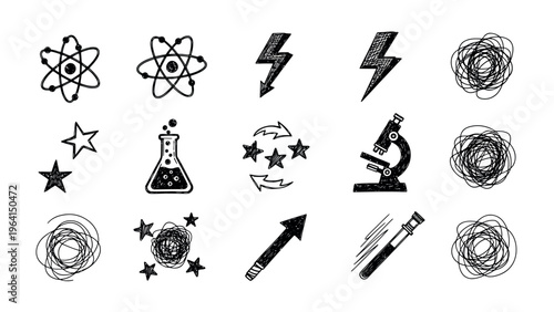 Science icons, 16 black and white symbols, educational illustrations, vector graphics