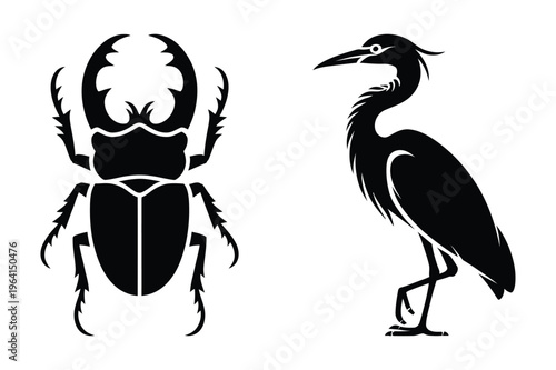 Scarab beetle and heron bird vector silhouette