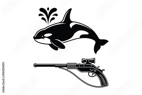 Killer whale orca and harpoon gun silhouette vector illustration