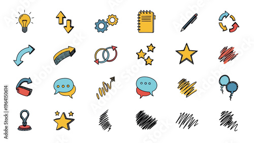 Hand drawn icons, doodle symbols, colorful stickers, sketch elements