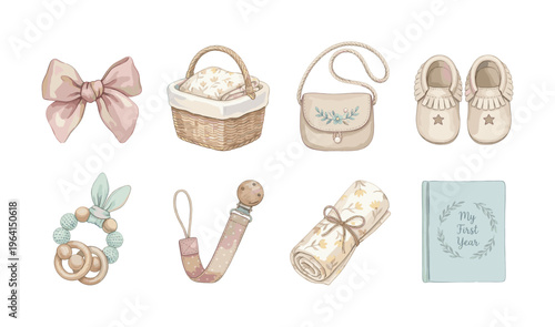 A charming vector collection of hand drawn baby girl accessories. This cute set is perfect for baby shower invitations, nursery decor, scrapbooking, and newborn announcements.