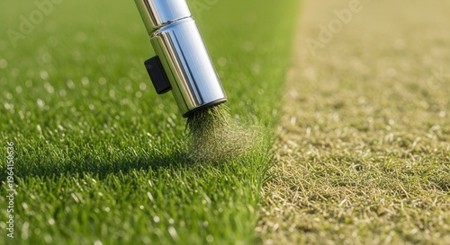 Metal pipe of vacuum cleaner in action clean carpet of real green grass. Ecology concept