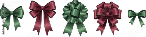 Collection of colorful gift bows in green and purple hues for decoration and design