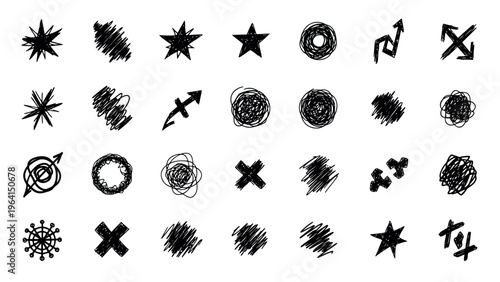 Black grunge icons, distressed symbols, 25 vector graphics, abstract marks