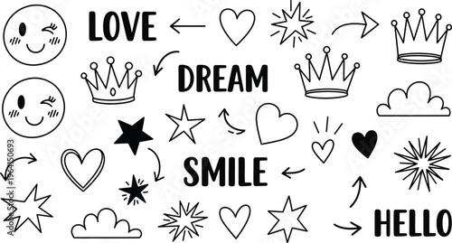 Collection of cute hand drawn doodle icons with words love dream smile hello