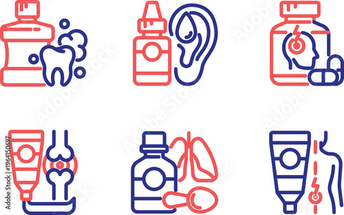 Illustrations of various medical and health-related first aid supplies and treatments