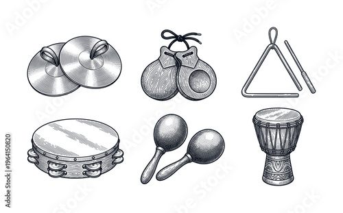A collection of six percussion instruments: cymbals, castanets, triangle, tambourine, maracas, djembe. Drawn in a retro, vintage engraving style. Ideal for music design.