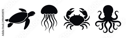 A set of four black marine animal icons. Includes turtle, jellyfish, crab, and octopus silhouettes. Minimalist vector graphic for logos, web design, and educational projects.