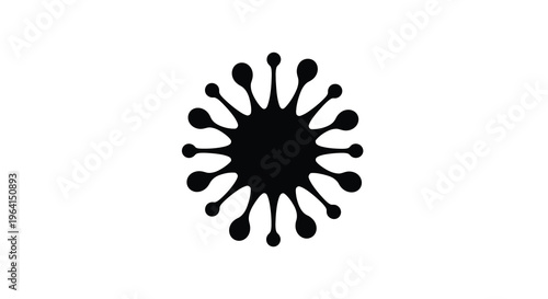 A stark black silhouette depicts a virus featuring numerous rounded projections radiating from a central core high quality professional detailed modern