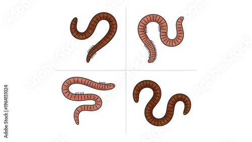 Cartoon Earthworms Illustration Set. Wriggling Garden Worms Collection in Various Poses on White Background.