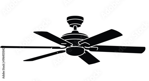 A black and white silhouette depicts a five blade ceiling fan centrally positioned and viewed from below high quality professional detailed